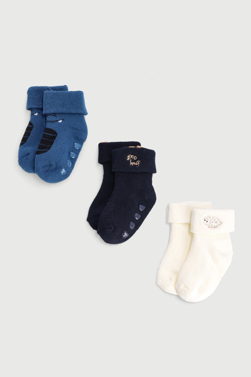 Baby Boys 3 Pack Dino Embroidery Towelling Socks - Stone