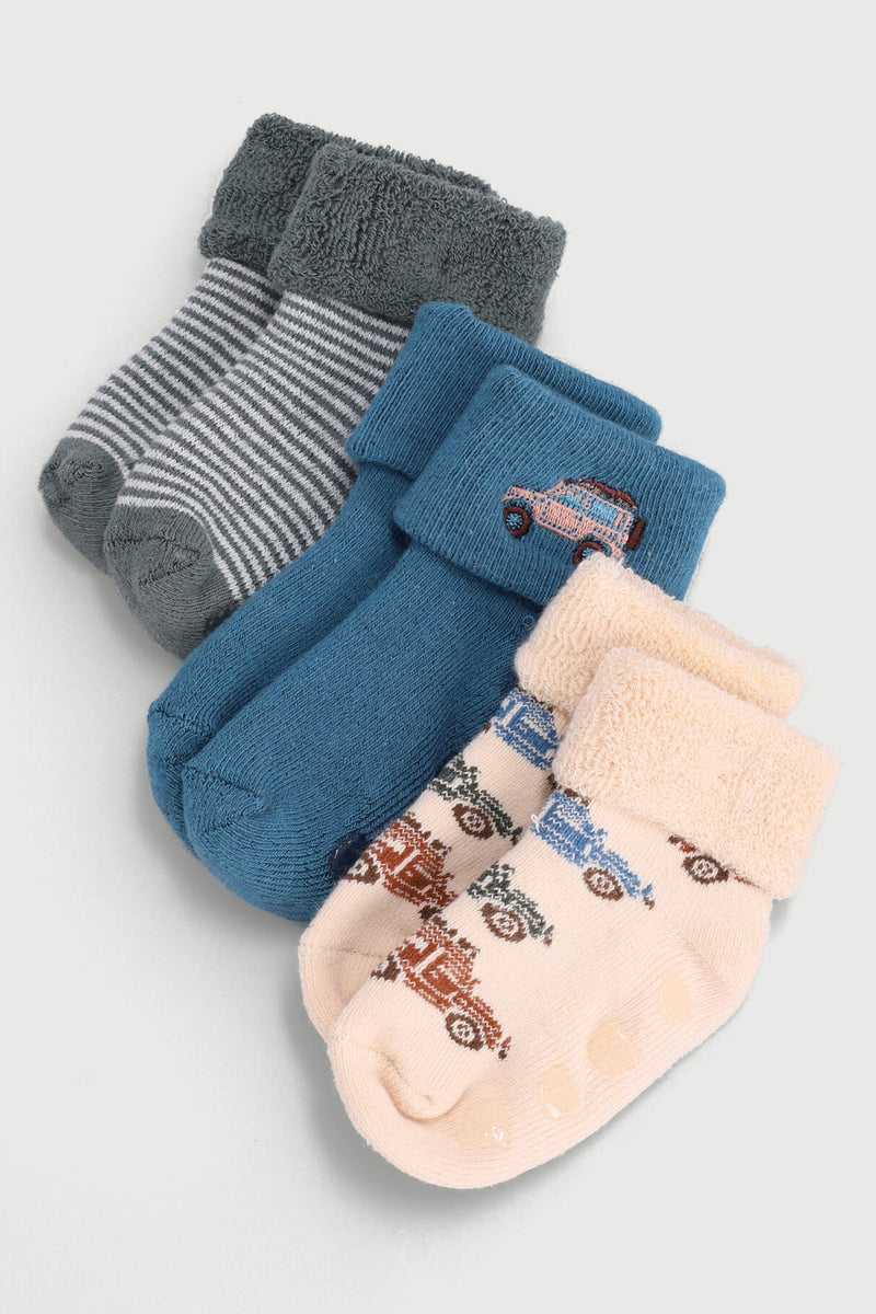 Baby Boys 3 Pack Cars Emboridery Towelling Socks - Grey/Cream/Duck Egg
