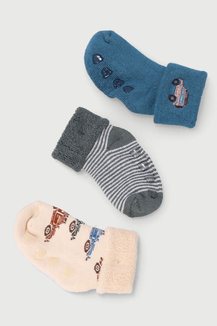 Baby Boys 3 Pack Cars Emboridery Towelling Socks - Grey/Cream/Duck Egg