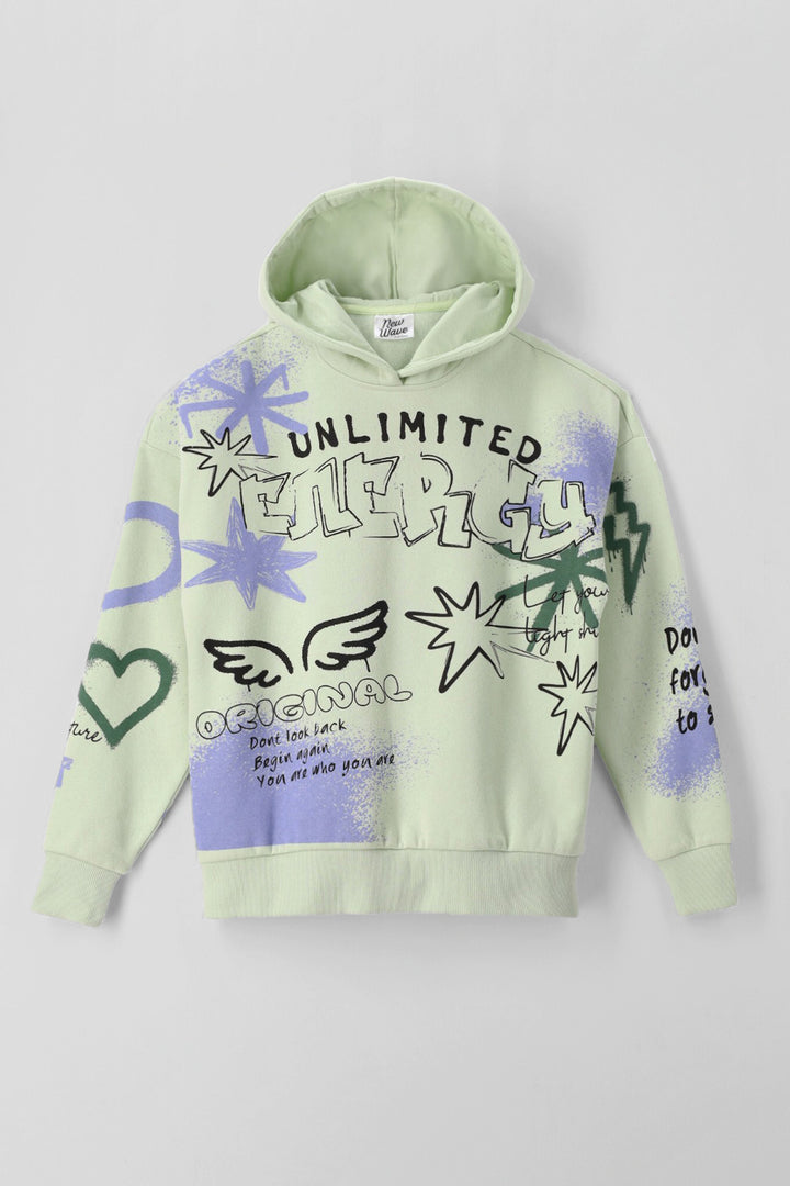 Girls Grafitti Print Looser Fit Hoodie - Pastel Green