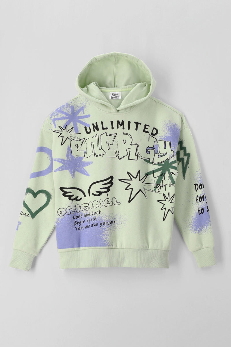 Girls Grafitti Print Looser Fit Hoodie - Pastel Green