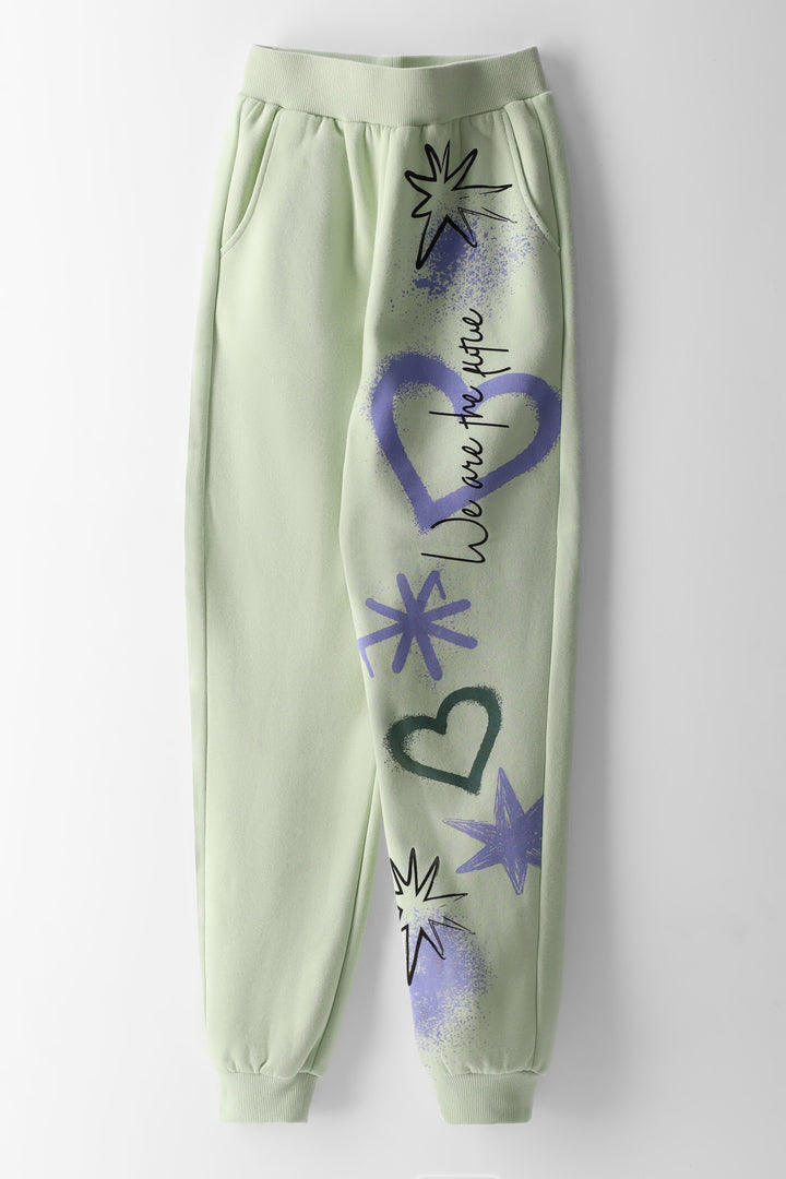 Girls Print Grafitti Leg Joggers - Pastel Green