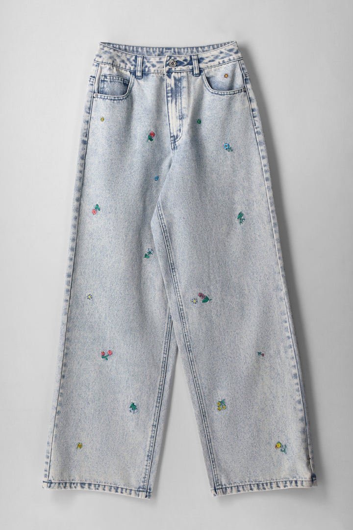 Girls Flower Embroidered Jeans - Acid Wash