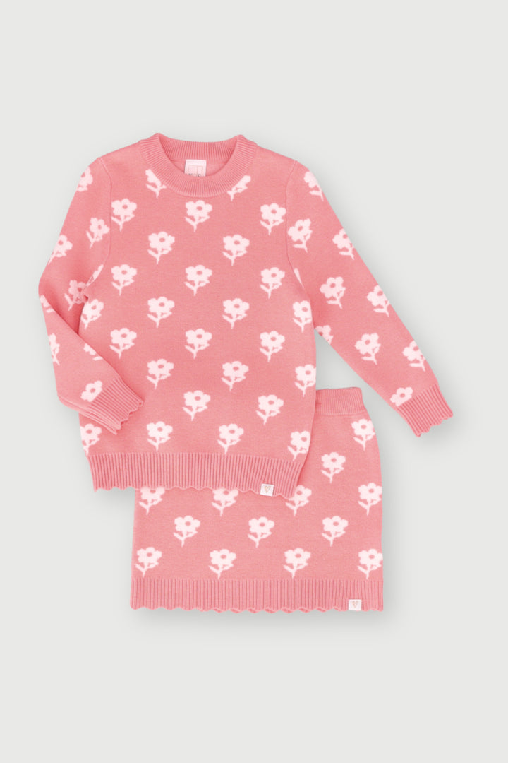 Pre-Girls Knitted Flower Print Skirt Set- Light Pink