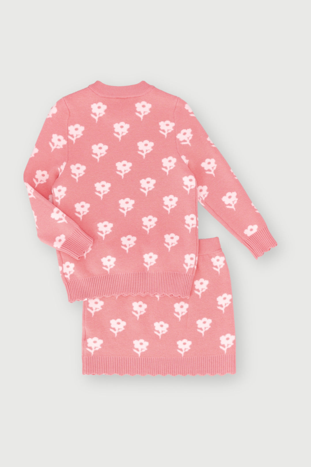 Pre-Girls Knitted Flower Print Skirt Set- Light Pink