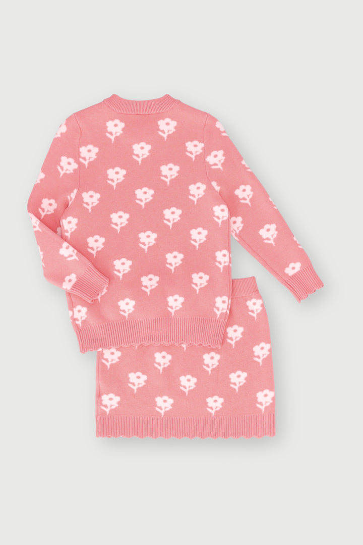 Pre-Girls Knitted Flower Print Skirt Set- Light Pink