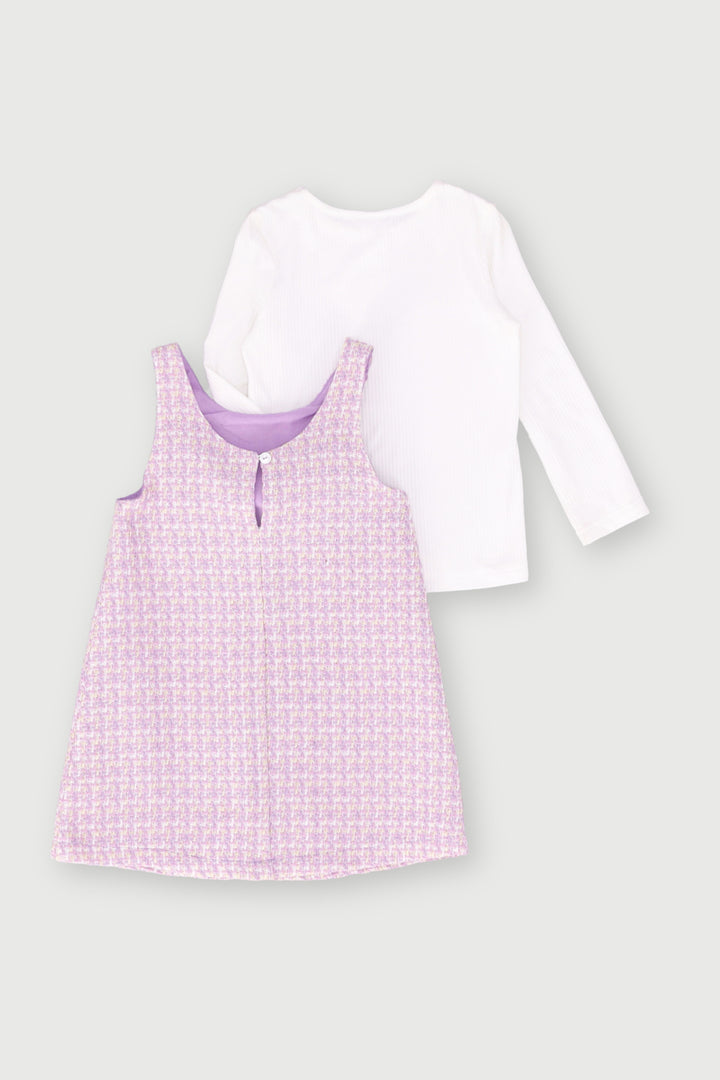 Pre-Girls Boucle Pinafore With Long Sleeve Rib Top - Lilac