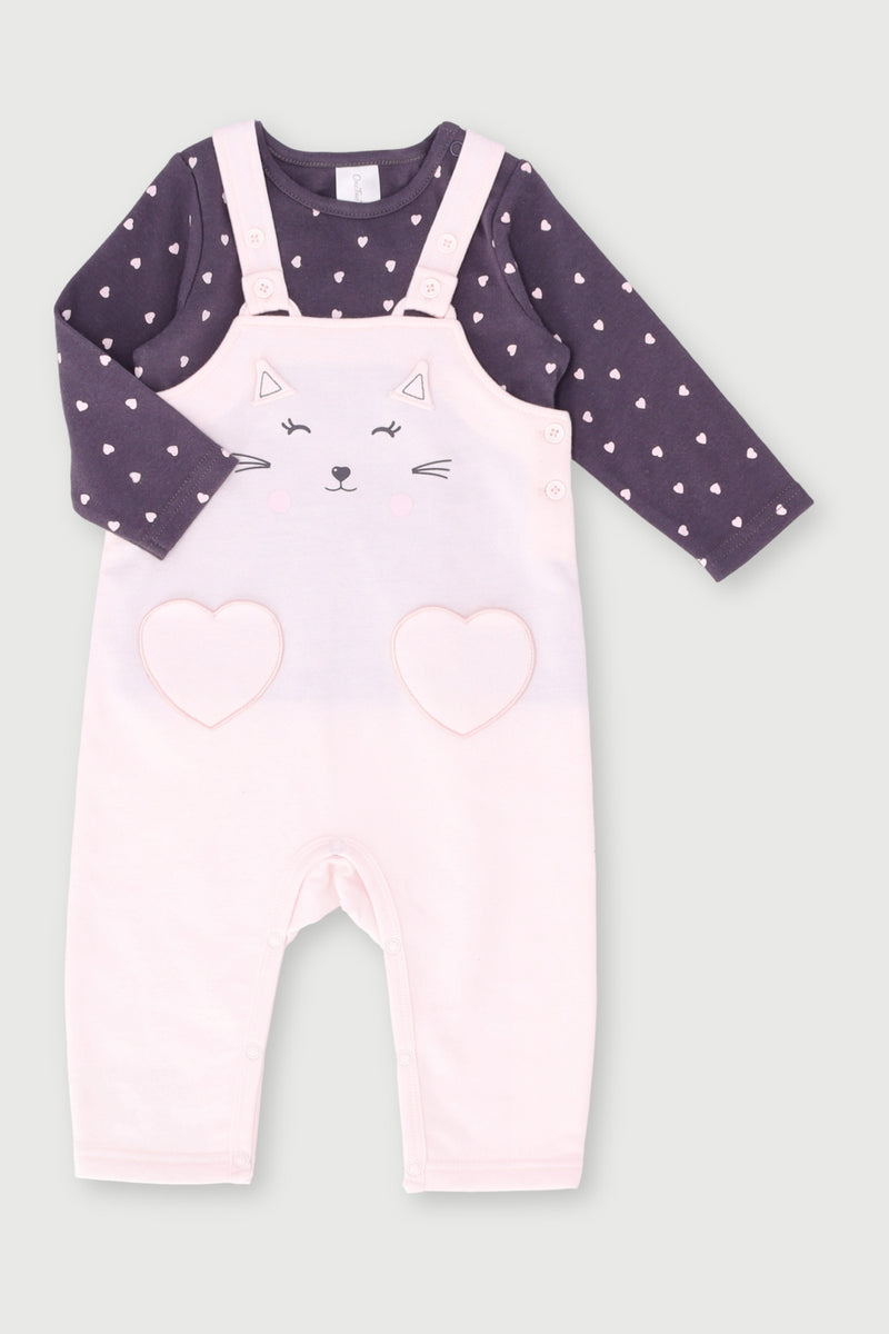 Baby Girls Heart Pockets Brushed Dungaree Set - Dusty Pink