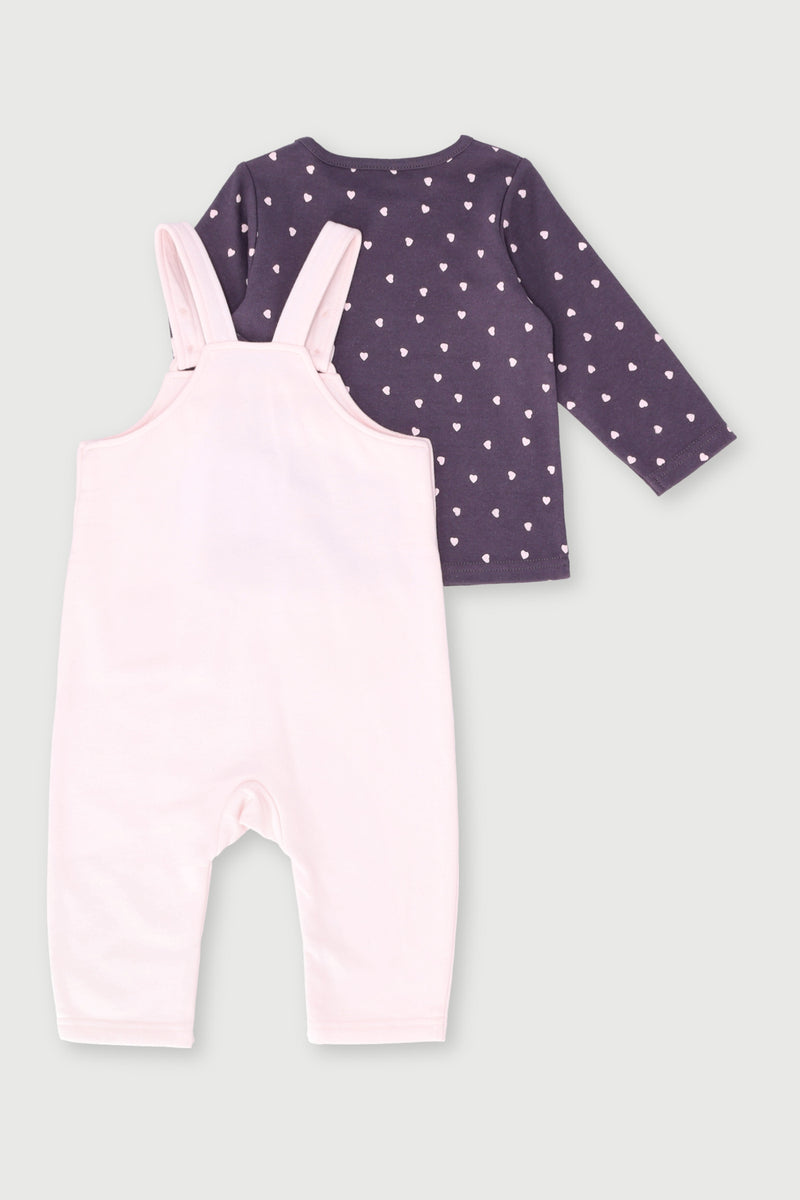 Baby Girls Heart Pockets Brushed Dungaree Set - Dusty Pink