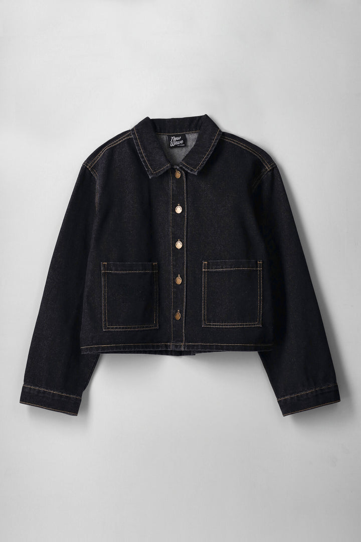 Girls Collared Patch Pocket Boxy Shacket - Black