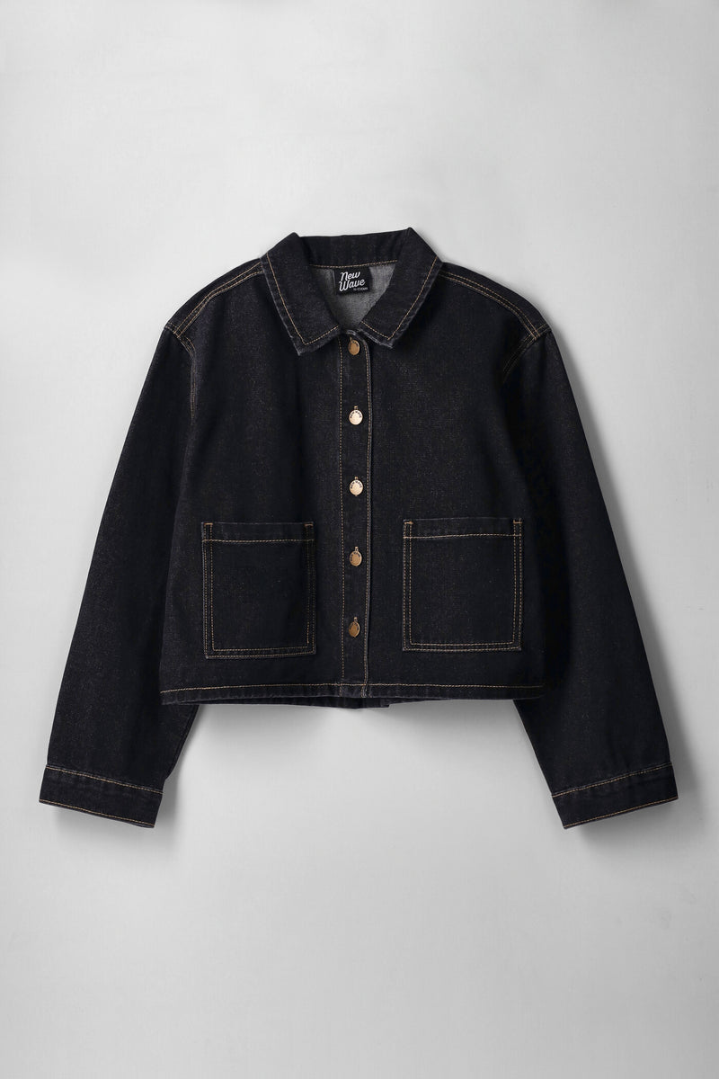 Girls Collared Patch Pocket Boxy Shacket - Black