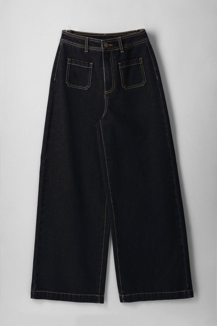 Girls Wide Leg Dark Wash Pocket Jeans - Black