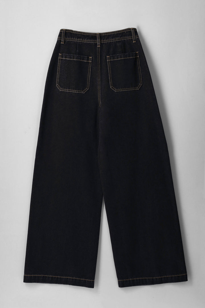 Girls Wide Leg Dark Wash Pocket Jeans - Black