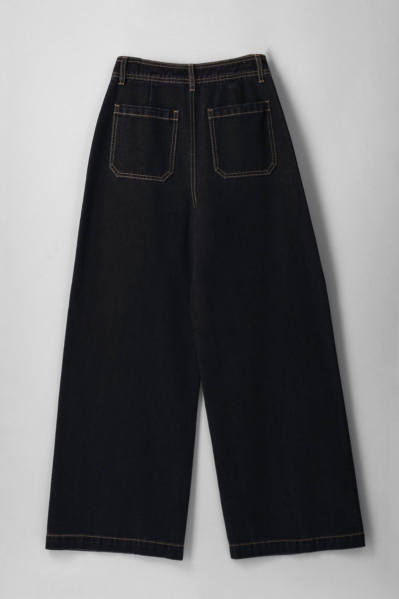 Girls Wide Leg Dark Wash Pocket Jeans - Black