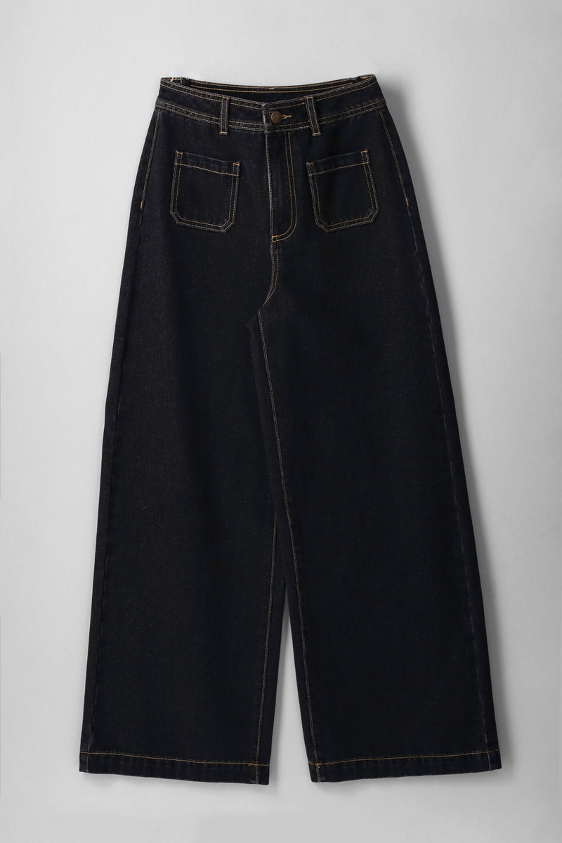 Girls Wide Leg Dark Wash Pocket Jeans - Black