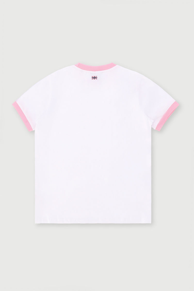Girls Branded Ringer Tee - White/Pink