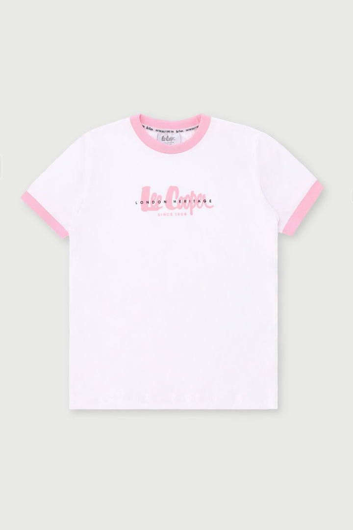 Girls Branded Ringer Tee - White/Pink