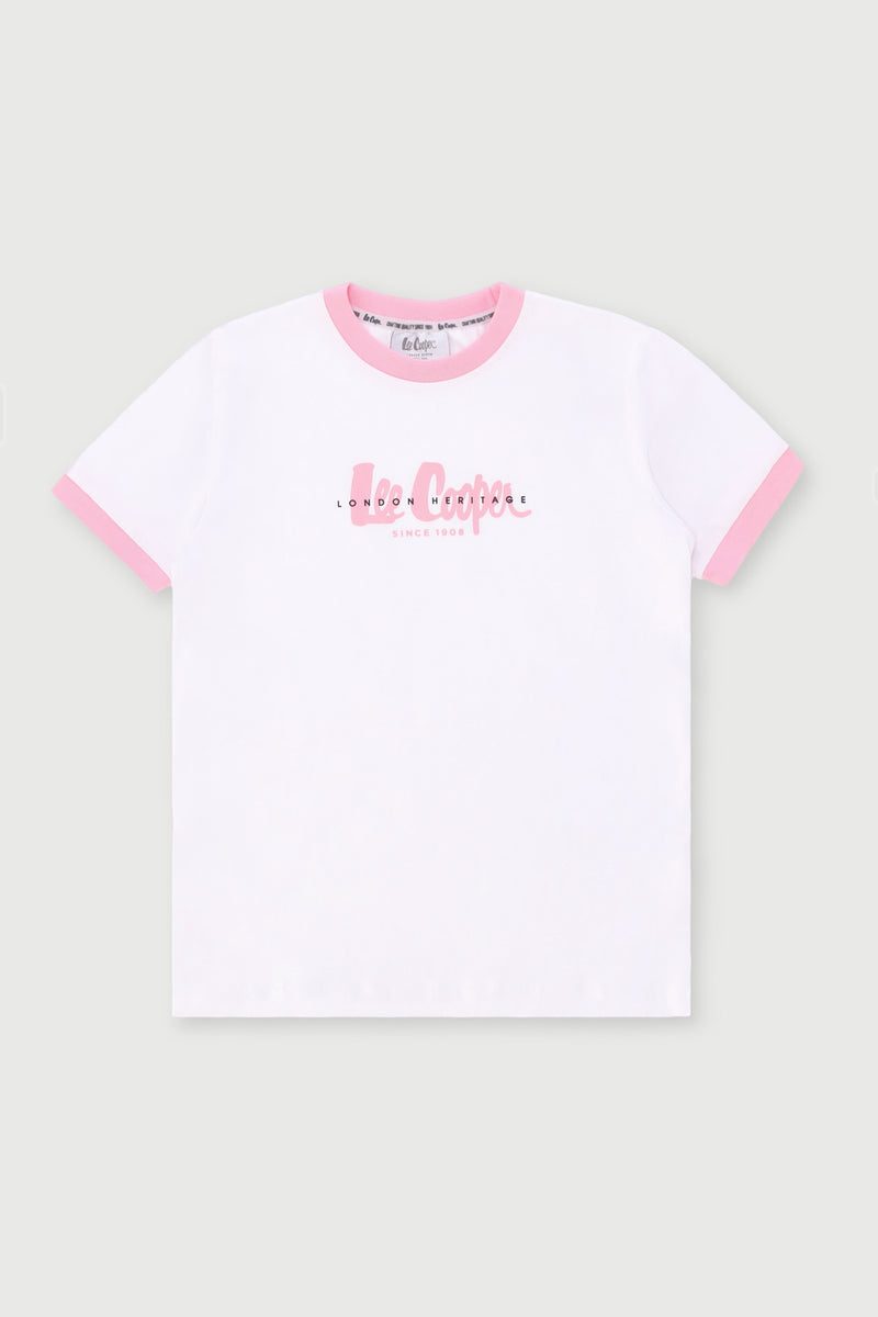 Girls Branded Ringer Tee - White/Pink