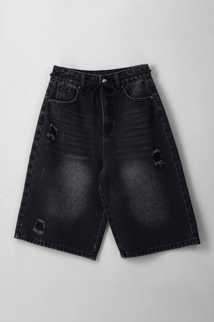 Girls Rope Belt Denim Jort - Charcoal