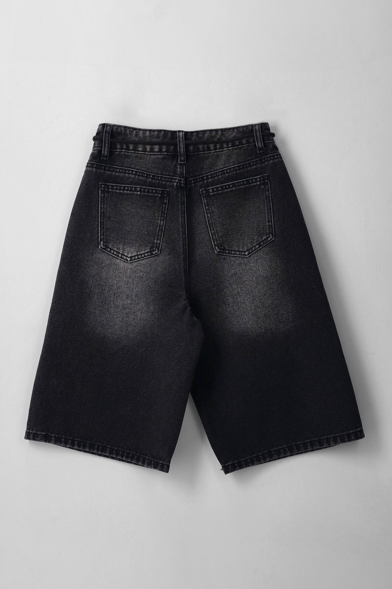 Girls Rope Belt Denim Jort - Charcoal