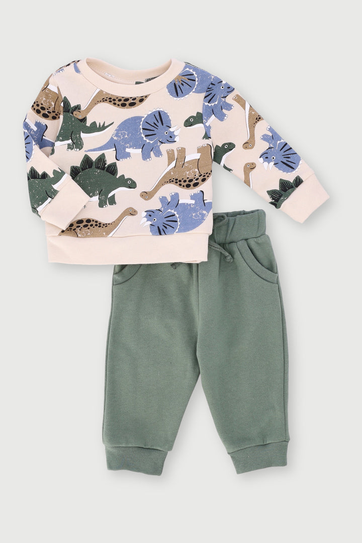Baby Boys Dino Print Tracksuit - Cream/Fatigue
