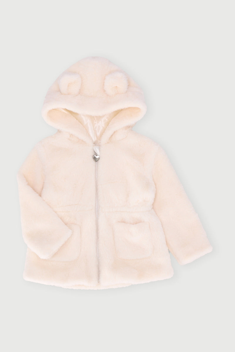Baby Girls Faux Fur Hoody Jacket - Cream