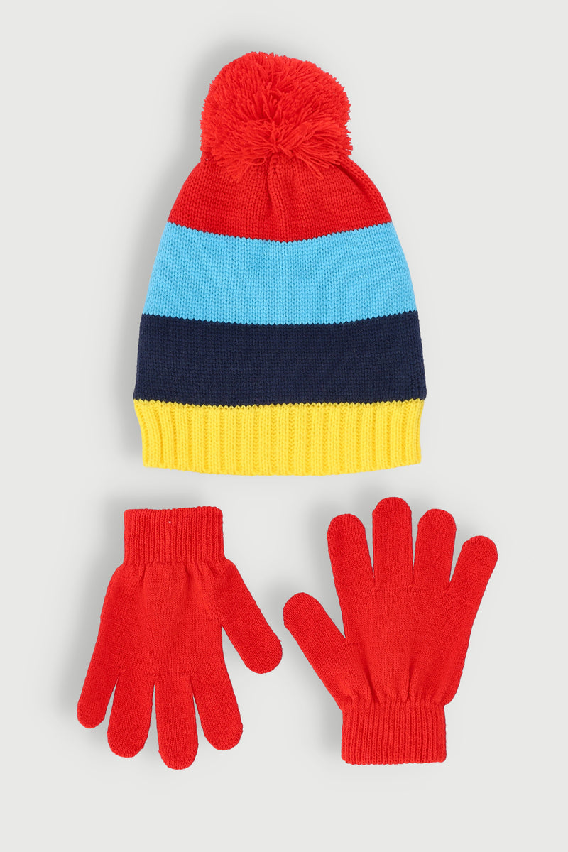 Pre-Boys Pom Pom Beanie & Glove Set - Red