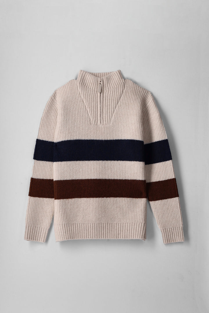 Boys Stripe Quarter Zip Rib Knit Pullover - Cream