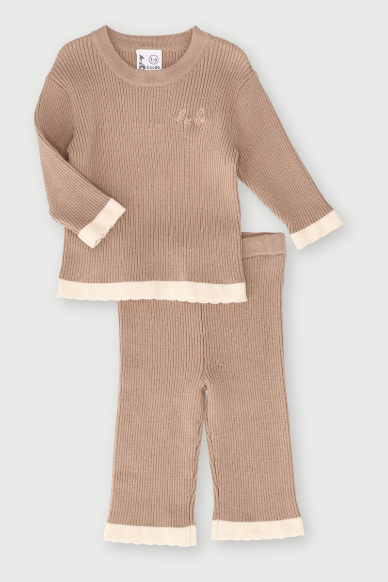 Keedo Girls Plain Textured Knit Set - Beige