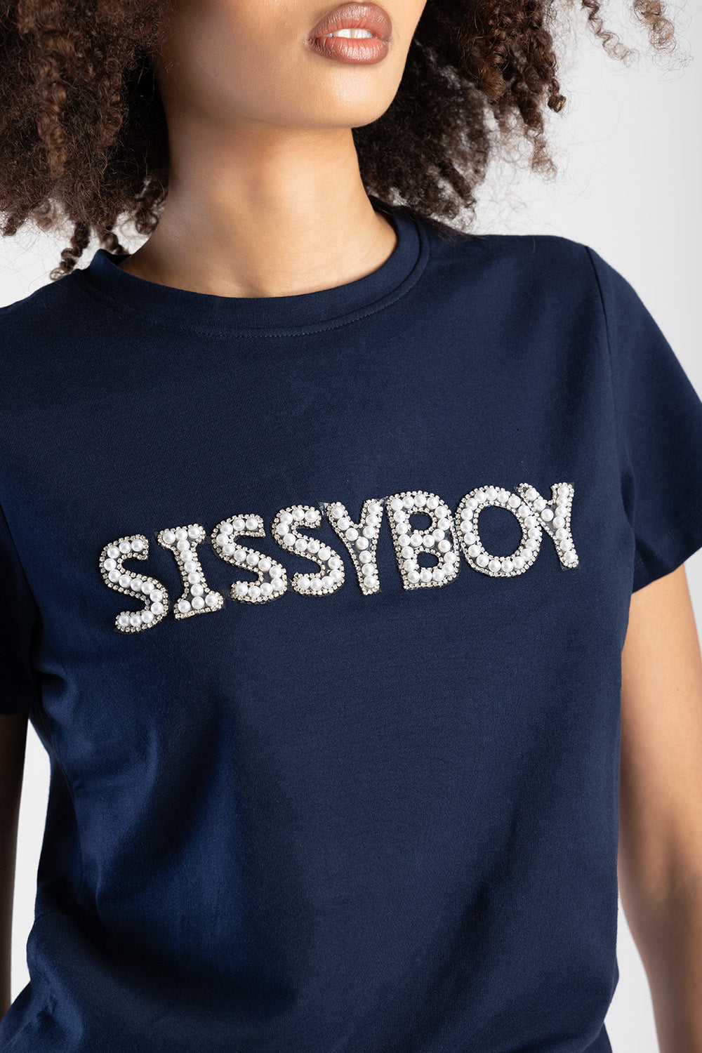 Rumours Regular Fit Pearl & Bling Logo Top - Navy