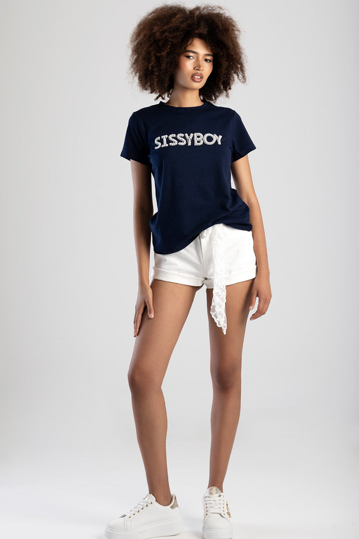 Rumours Regular Fit Pearl & Bling Logo Top - Navy