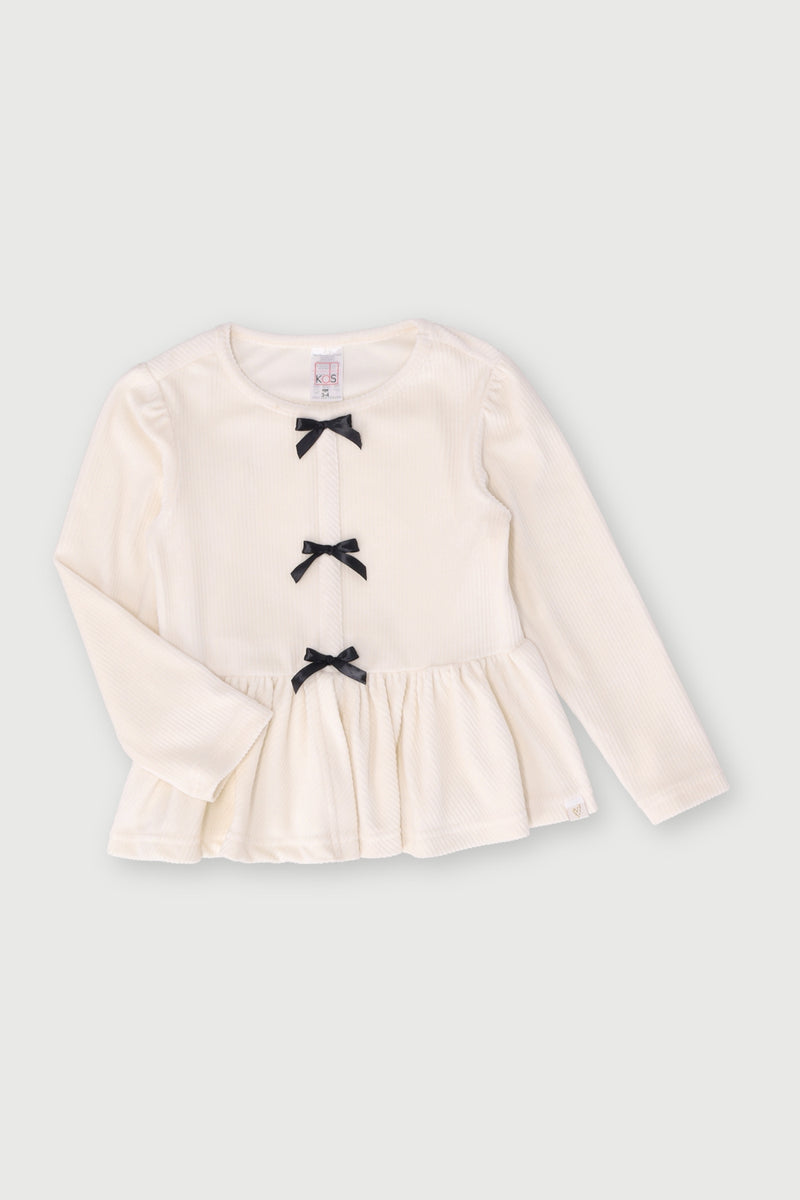 Pre-Girls Velour Bow Rib Top - Cream