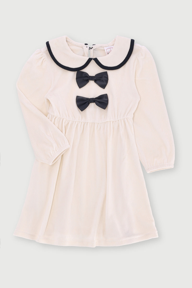Pre-Girls Rib Velour Bows Dress - Cream