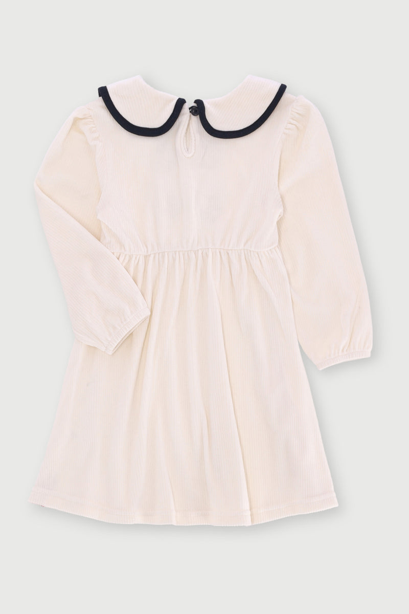 Pre-Girls Rib Velour Bows Dress - Cream