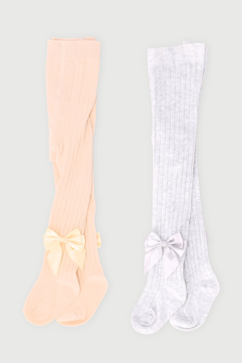 Baby Girls 2 Pack Cotton Bow Stocking - Stone