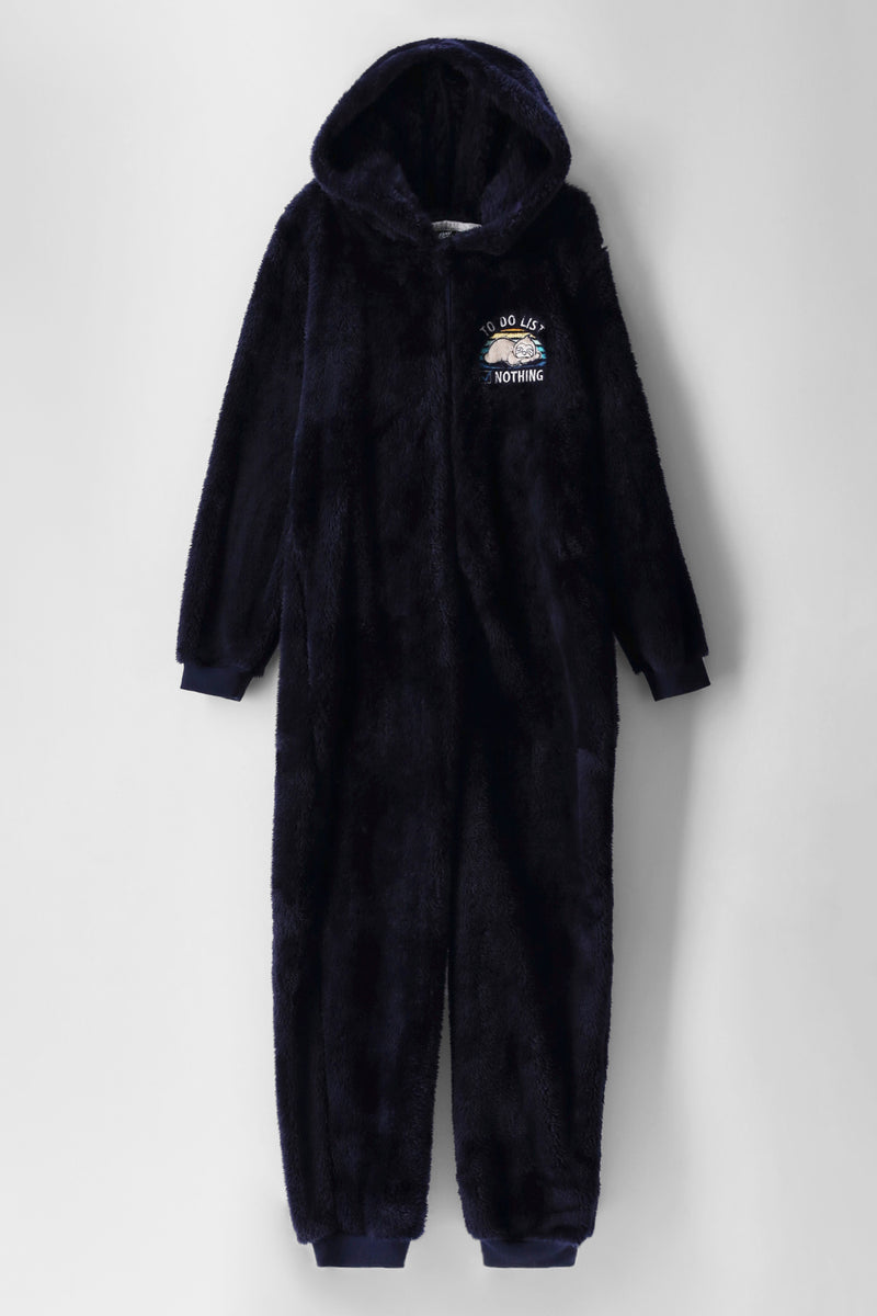 Boys Sloth Sherpa Onesie - Navy