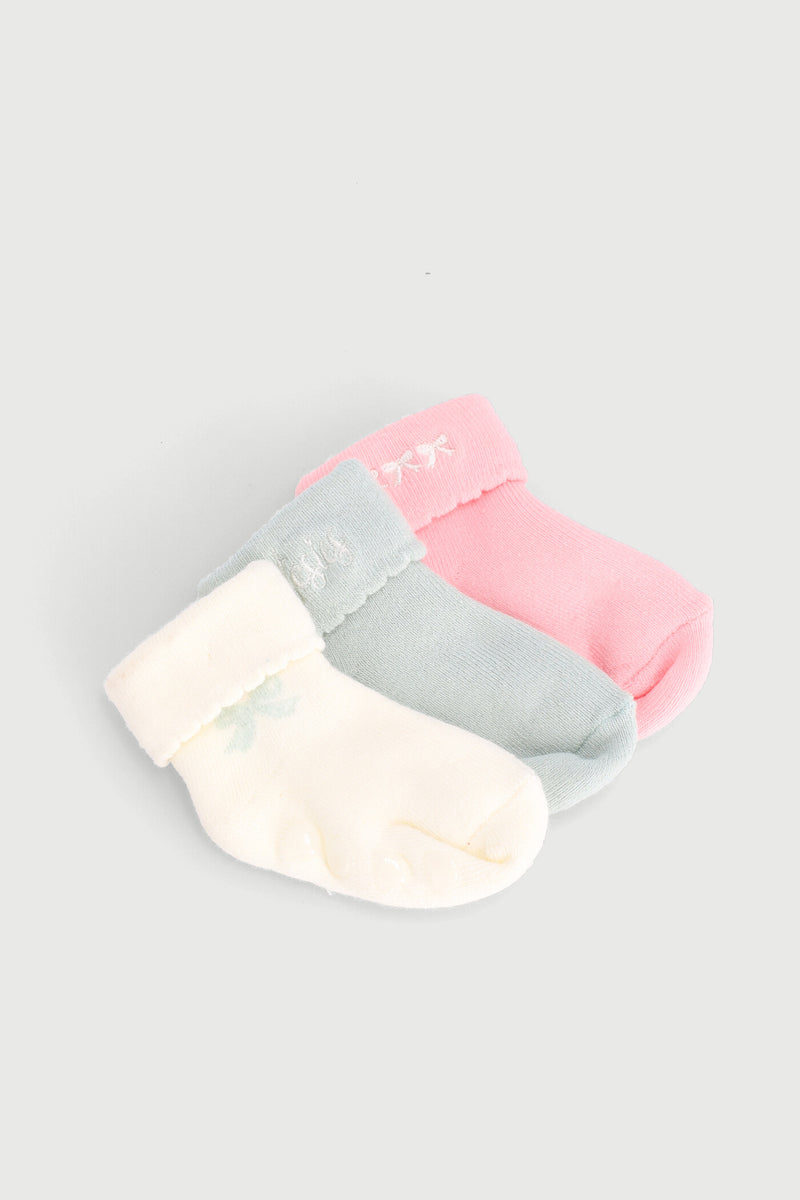 Baby Girls 3 Pack Embroidered Towelling Socks - Sage