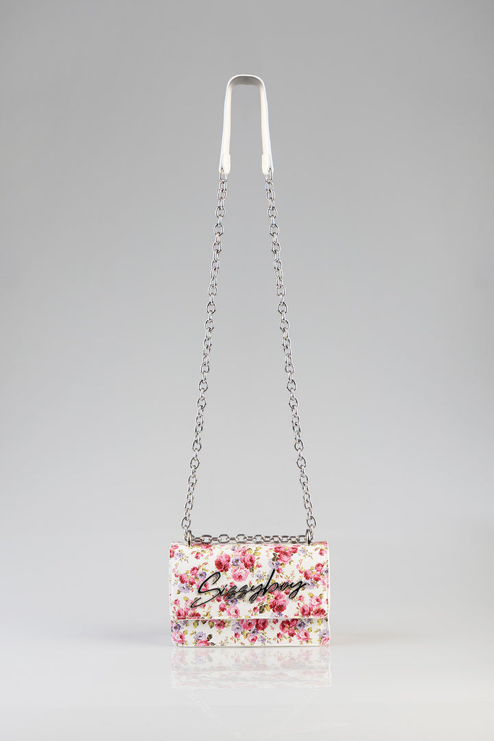 Chain Strap Floral Crossbody Bag - White