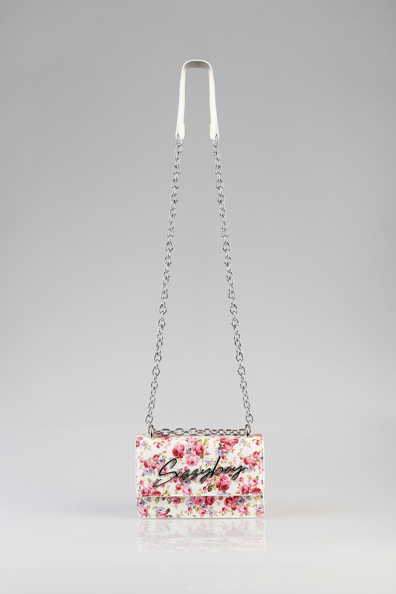 Chain Strap Floral Crossbody Bag - White