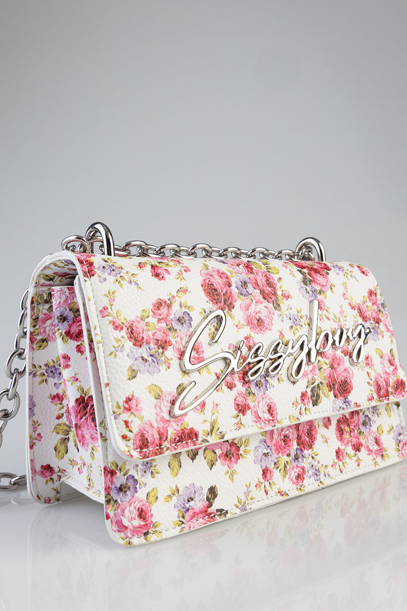 Chain Strap Floral Crossbody Bag - White