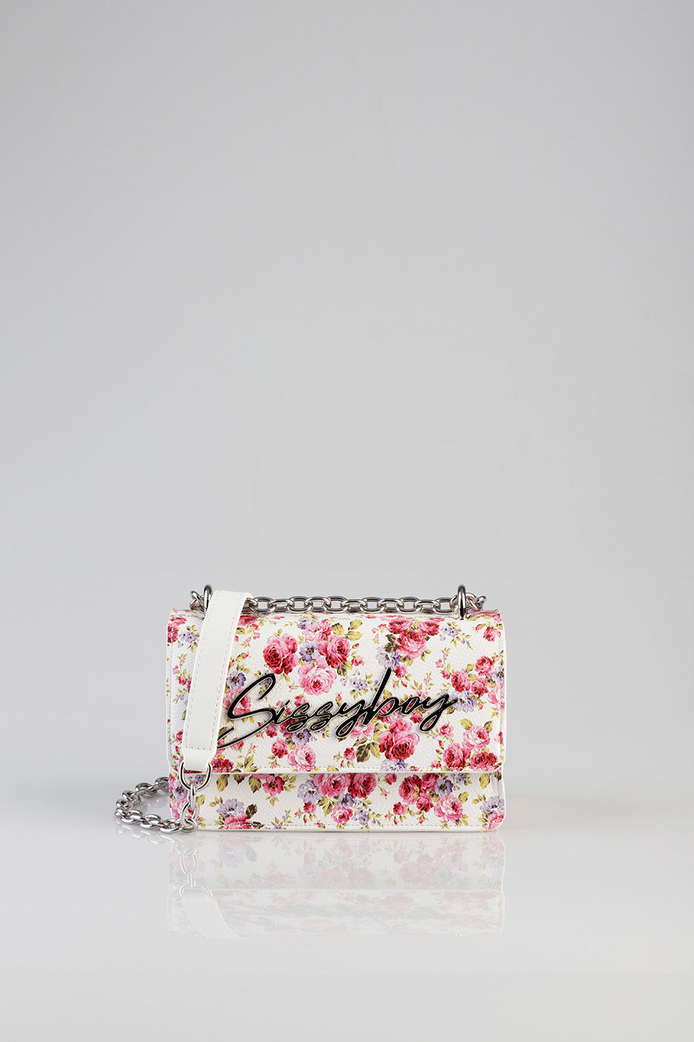 Chain Strap Floral Crossbody Bag - White