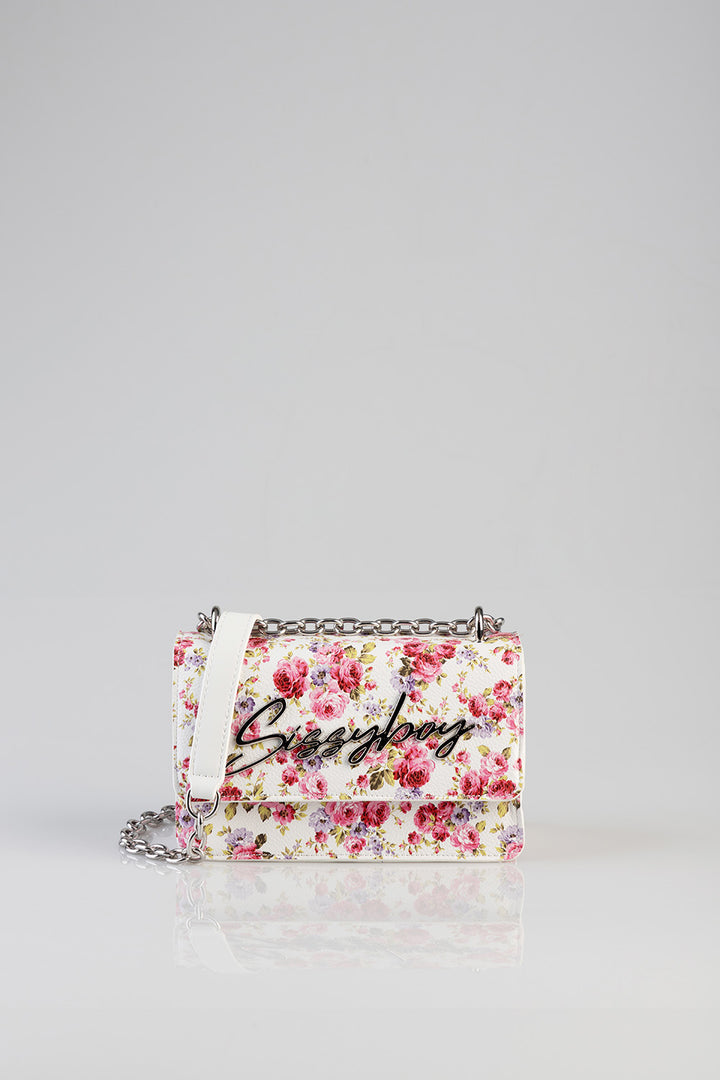 Chain Strap Floral Crossbody Bag - White