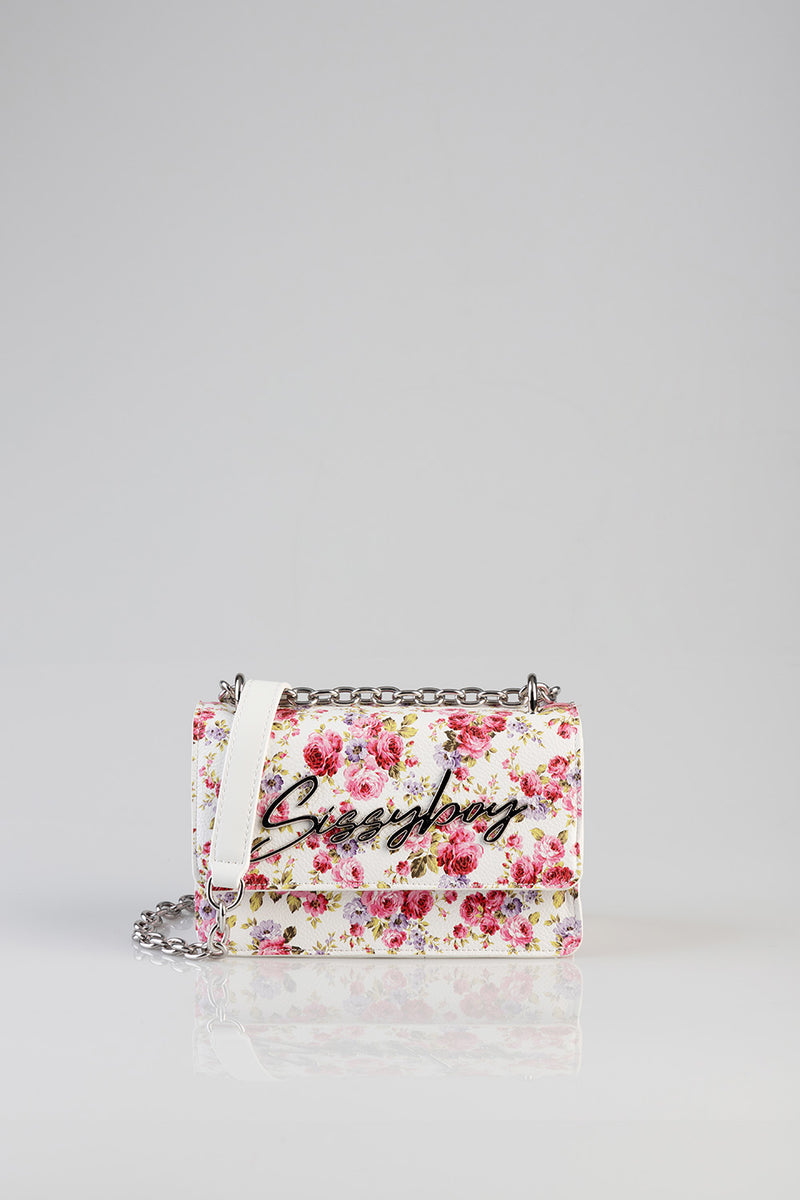 Chain Strap Floral Crossbody Bag - White