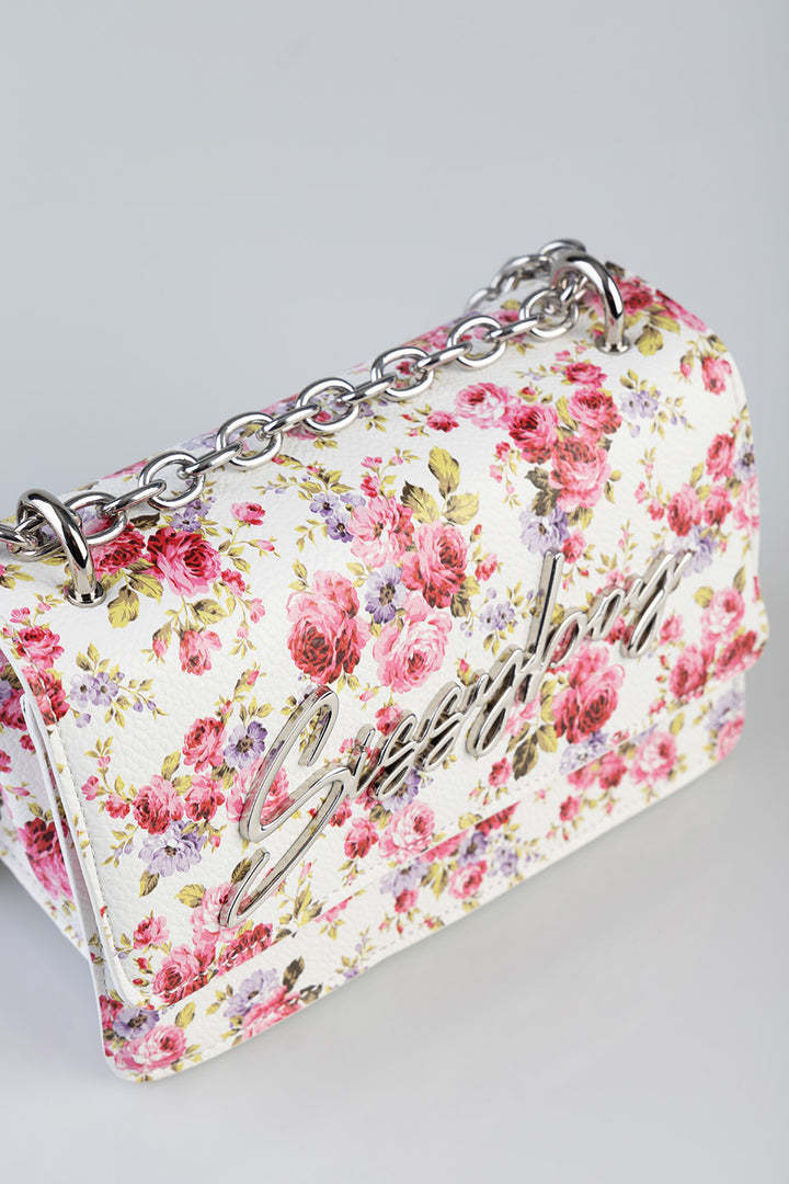 Chain Strap Floral Crossbody Bag - White
