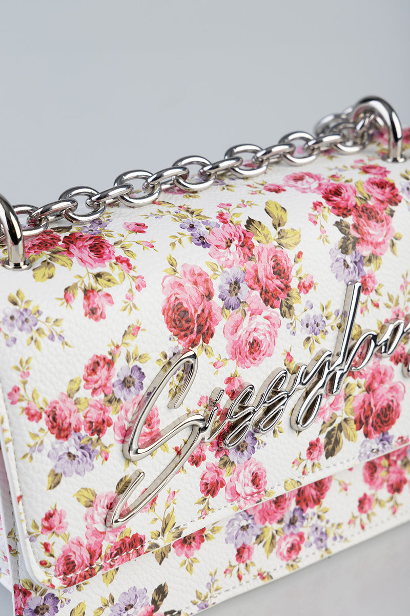Chain Strap Floral Crossbody Bag - White