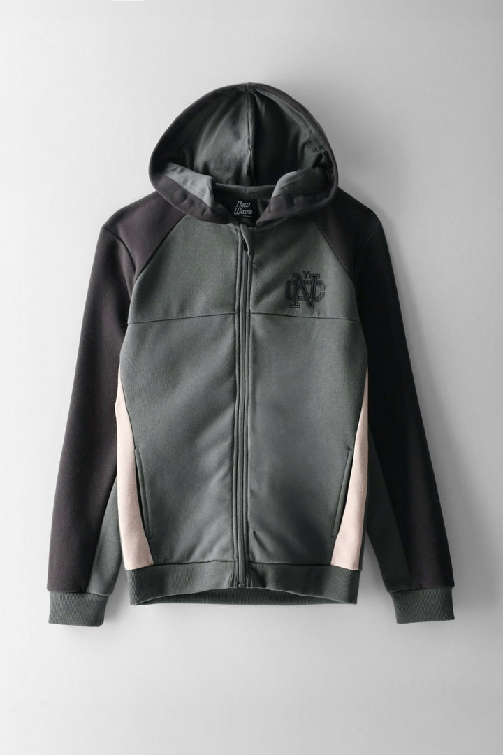 Boys Colour Block Zip Through Hoody - Charcoal/Green