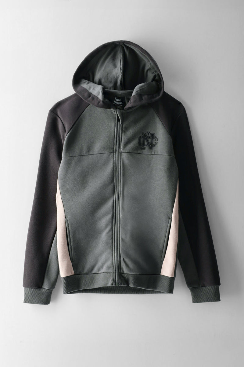 Boys Colour Block Zip Through Hoody - Charcoal/Green