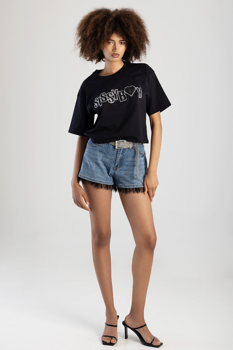 Call Me Yours Boxy Top With Textured Bling Logo - Black