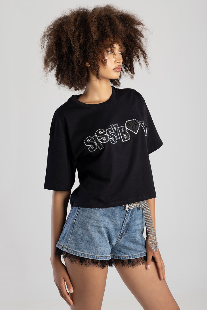 Call Me Yours Boxy Top With Textured Bling Logo - Black