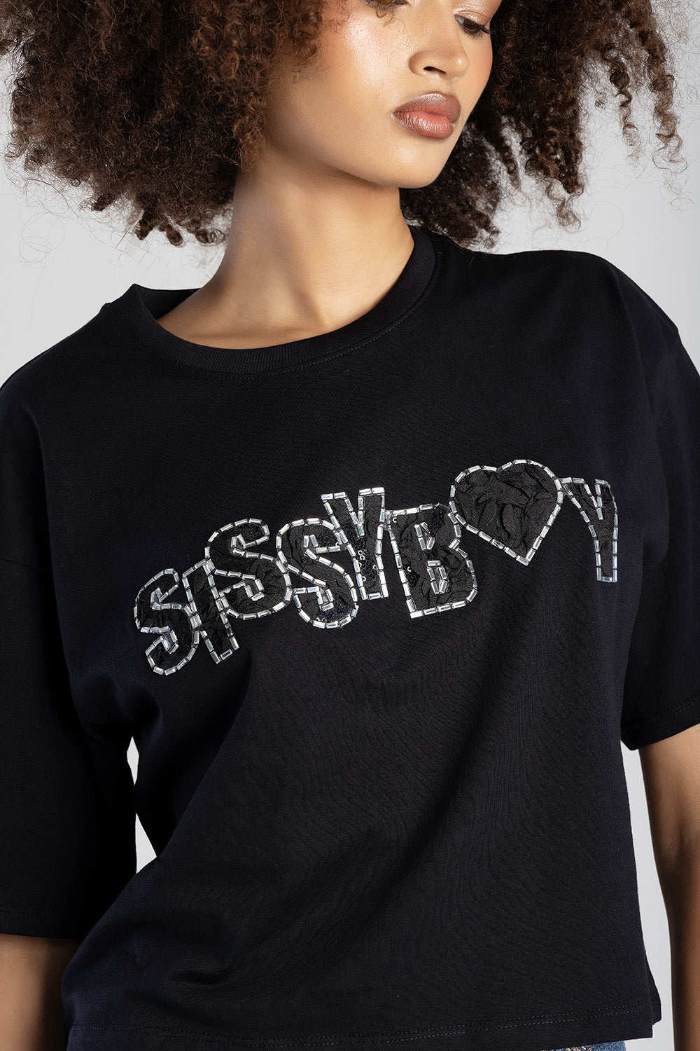 Call Me Yours Boxy Top With Textured Bling Logo - Black
